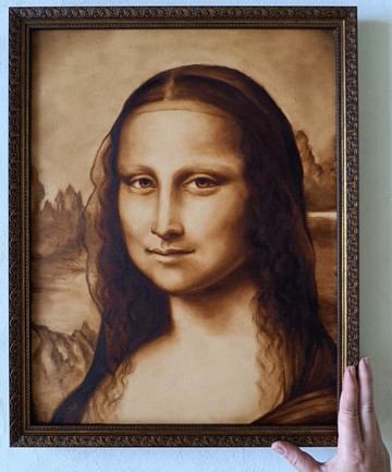 蒙娜麗莎油畫肖像灰色畫技法帶框繪畫 35*45 厘米