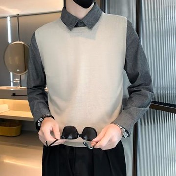 男士假兩件襯衫領時尚內搭毛衣秋冬季韓版潮流修身拼接打底針織衫