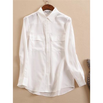 女士襯衫休閑寬松雙口袋真絲雙縐襯衣桑蠶絲女長袖男朋友風上衣