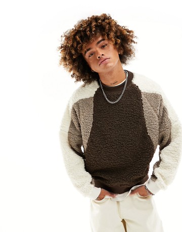 ASOS DESIGN oversized sweatshirt with colour block panels in neutral borg-Brown