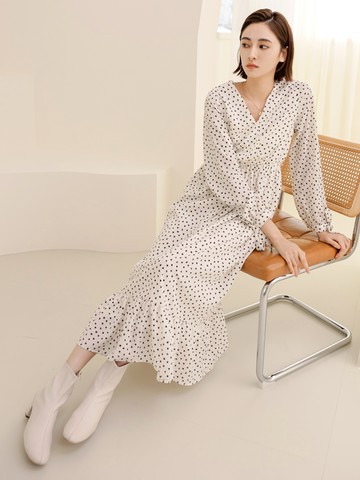 V領波點收腰傘襬長洋裝