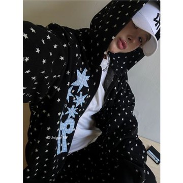 Unique SEI日系街頭星星波點數字貼片連帽寬松衛衣休閑衛褲兩件套