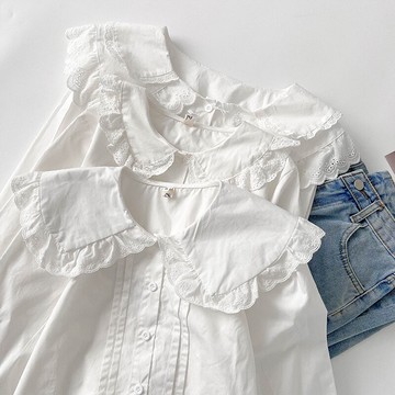 白色花邊娃娃領長袖襯衫女秋薄款甜美減齡襯衣設計感小眾寬松上衣