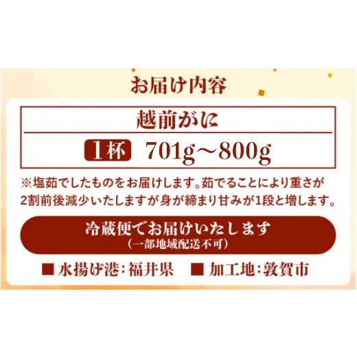 ふるさと納税 福井県 敦賀市 [076-l001] 越前がに × 1杯（茹で前重量：701g〜800g）【お届けできない時期：12月上旬〜翌…