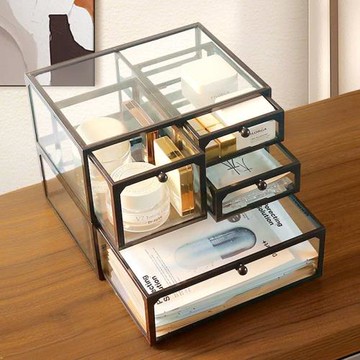 玻璃化妝品收納盒家用大容量桌面抽屜式口紅面膜整理架防塵儲物盒