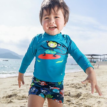 Xiazhilian - 男寶防曬長袖泳裝套裝(附帽子)-猴子衝浪-藍綠色