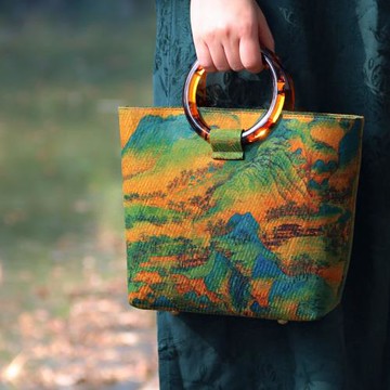 中式香云紗亞克力圓環手提國風包 復古風旗袍漢服原創包女 愿為蓮