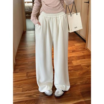 烏77復合維尼絨闊腿休閑褲女2025新款韓版高腰遮胯顯瘦直筒長褲子