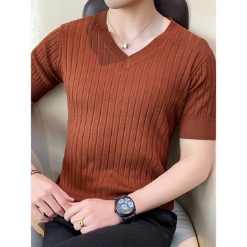 春季短袖針織衫男潮流條紋半截袖V領t恤男裝套頭白色休閑半袖上衣