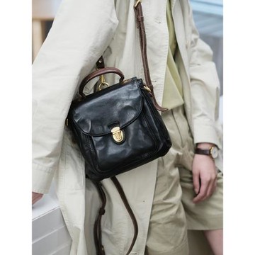 蔥木 洋氣又時髦 真皮黑色雙肩包女皮質小背包高級感雙肩單肩兩用