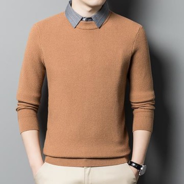 彩文羊長袖T恤男秋冬季圓領保暖上衣羊毛打底衫爸爸裝加厚假兩件