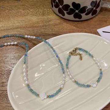 🎁新年快樂🎁快速出貨『1+1獨家組合』【OCTOBER 16Th】天然海藍寶淡水珍珠石貝母幸運草多巴胺項鍊＃CRY6013  開運 生日禮物 閨蜜禮物 情人節禮物 交換禮物 客製化禮物0223