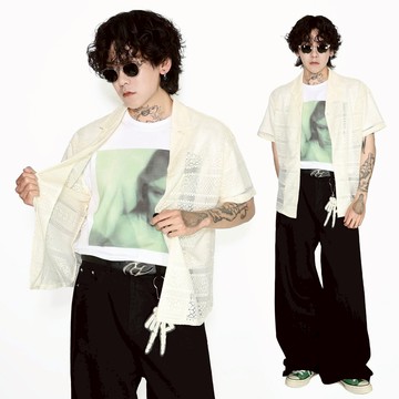 KOREA 復古花紋鏤空短袖襯衫