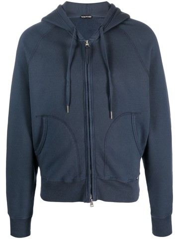 TOM FORD - slouchy zip-up cotton hoodie - men - Cotton/Lamb Skin - 50 - Blue