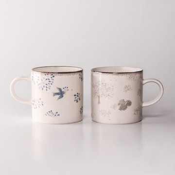 上作美器 日本製森林系松鼠飛鳥馬克杯兩件組(水杯/茶杯/咖啡杯300ml、霧面白插畫風)