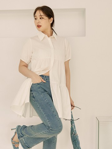 雲朵自訂款-純棉襯衫領泡泡袖蛋糕短洋裝