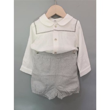 秋冬新款西班牙男女童裝中性純棉長袖襯衣千鳥格褲兩件套裝ins風