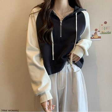 大碼女裝韓版秋冬長袖衛衣女拼接插肩袖拼色拉鍊連帽上衣