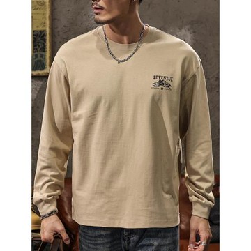 (免運)山系印花二本針260克新疆棉重磅長袖T恤男秋冬季圓領打底衫衛衣服