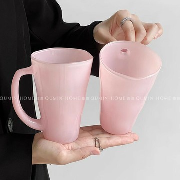 ins風玉粉波紋帶把手玻璃杯女高顏值家用個性咖啡杯果汁杯子