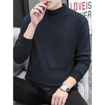 半高領衛衣男潮ins春秋款寬松潮流中領套頭無帽上衣秋冬加絨長袖