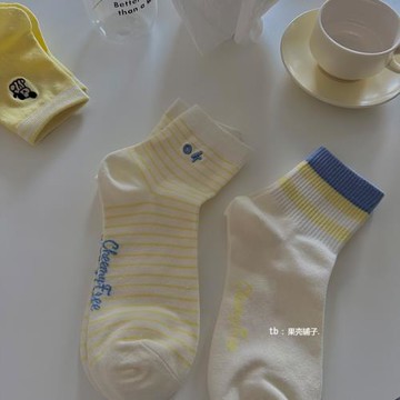 奶黃襪子女春夏款中筒襪棉ins潮韓國日系條紋運動薄款夏季短襪