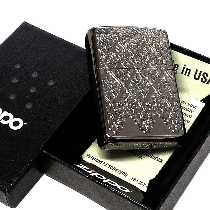 ZIPPO ライター 中世模様 ヨーロピアン レース チタン加工 ジッポ 両面加工 グレー おしゃれ エッチング彫刻 両面別柄 ブラック