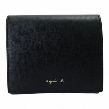 agnes b. 草寫LOGO防刮紋皮革翻蓋暗釦零錢袋短夾(素面黑)