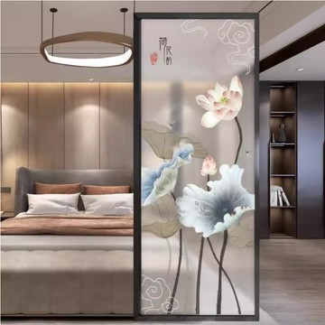 新中式藝術玻璃屏風隔間客廳入戶玄關強化玻璃磨砂客製化輕奢荷花圖 屏風 隔斷屏 遮擋屏