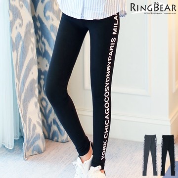 內搭褲--超高彈力運動風雙側英文印圖鬆緊腰頭窄管貼腿內搭褲(黑.灰XL-4L)-P128眼圈熊中大尺碼