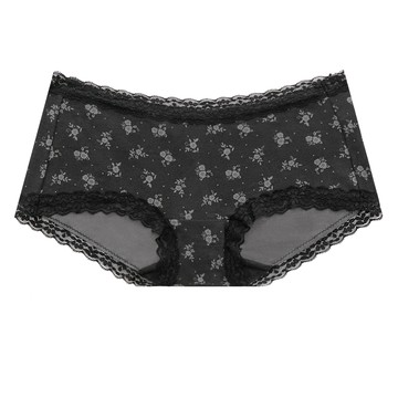 棉感花色蕾絲小褲-黑底灰花