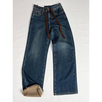 花匣子牛仔褲女84161秋季款寬松高腰抽繩顯瘦水洗拖地大碼闊腿褲