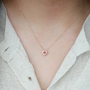 紅寶石珍愛吊墜金雕手工拉絲紋天然石剛玉愛心18k金紅寶石項鍊