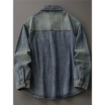 日系復古牛仔襯衫男女春秋新款高街寬松痞帥純色百搭工裝襯衣外套