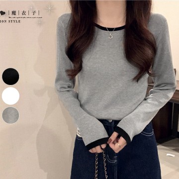 【QV3713】魔衣子-簡單搭配．撞色領修身顯瘦長袖上衣