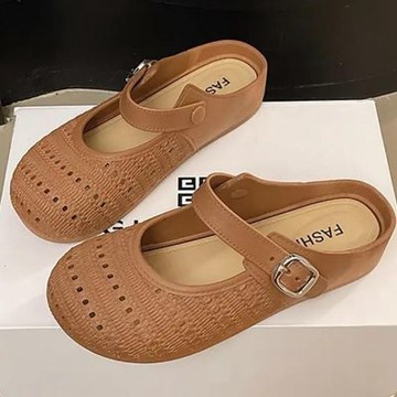[韓國KW美鞋館]韓國設計焦點時尚羅馬鞋一腳蹬懶人鞋娃娃鞋厚底鞋勃肯涼鞋編織涼鞋(包頭/厚底/涼拖鞋/洞洞鞋/增高鞋)咖色
