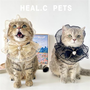 HC原創網紅貓咪狗狗寵物蕾絲圍兜帽子衣服黑色可愛蕾絲網紗衣服