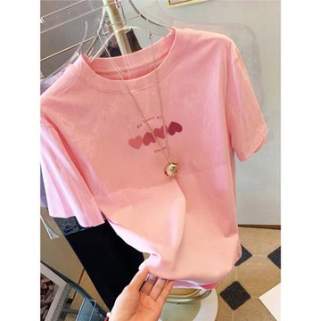 正肩短袖t恤純棉夏季新款2025設計感愛心粉色體恤女ins潮打底上衣