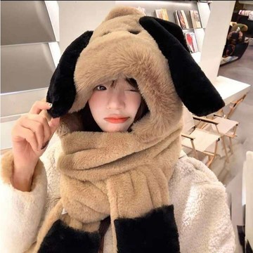 (時尚單品帽子)🐶可愛帕恰小狗卡通毛絨連圍脖保暖手套帽子圍巾一體三件套🐶