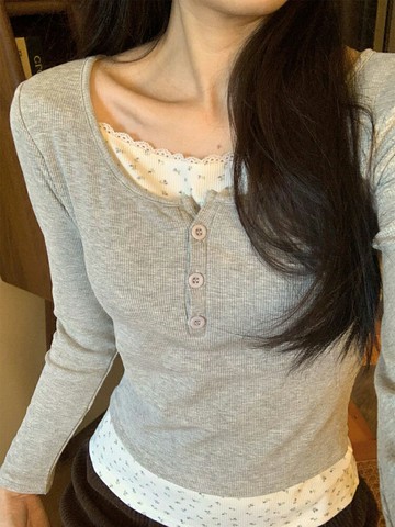 假兩件碎花內搭打底衫女春秋冬加絨保暖長袖t恤女帶胸墊純欲上衣