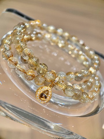 天然金鈦晶手鏈+黃碧璽葫蘆 三圈手鏈