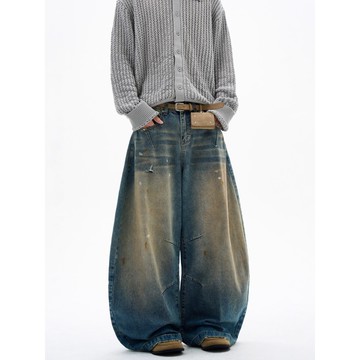 顯瘦廓形寬鬆拖地闊腿休閒褲男美式復古水洗做舊彎刀牛仔褲男