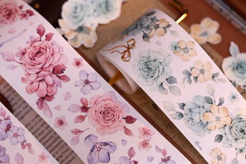 晴空&朝霧  復古薄荷綠花和紙PET貝殼光手帳膠帶 手帳拼貼