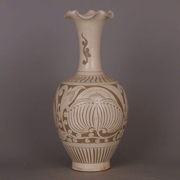 宋 磁州窯白釉深雕花卉紋花口瓶 仿宋代出土舊貨古玩古董瓷器收藏