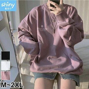 甜漾秋天．素色英文字母印花圓領長袖上衣- shiny藍格子【V3618】