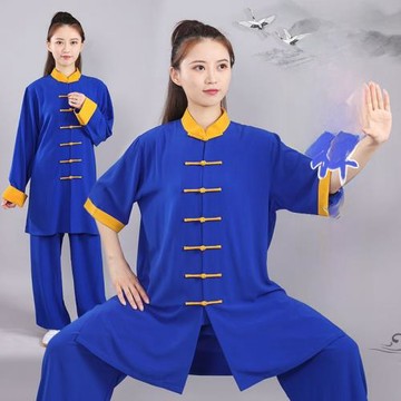 彈力棉太極服短袖武術表演服中老年晨練服中長款撞色練功晨練服夏
