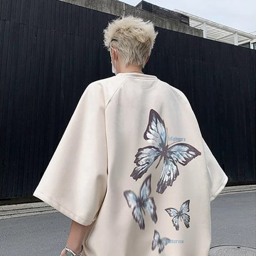 【隔日到貨 高品】重磅短t麂皮絨短袖T恤男女潮牌美式短袖蝴蝶印花T恤復古風半袖寬鬆上衣加大碼Oversize t恤