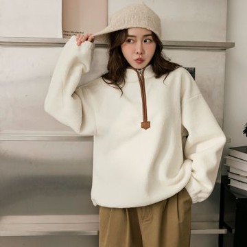 OB嚴選-輕暖搖粒絨半拉鍊撞色滾邊寬鬆上衣《AB20886-》