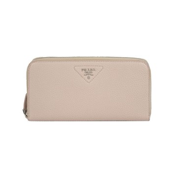 [平輸]PRADA 縫線三角Logo ㄇ形拉鍊長夾(荷花粉)