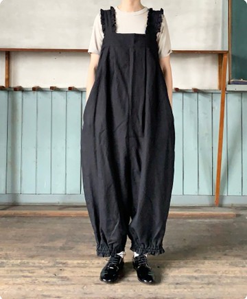 荷葉邊肩帶亞麻吊帶繭型褲 手工日本製 自然亞麻